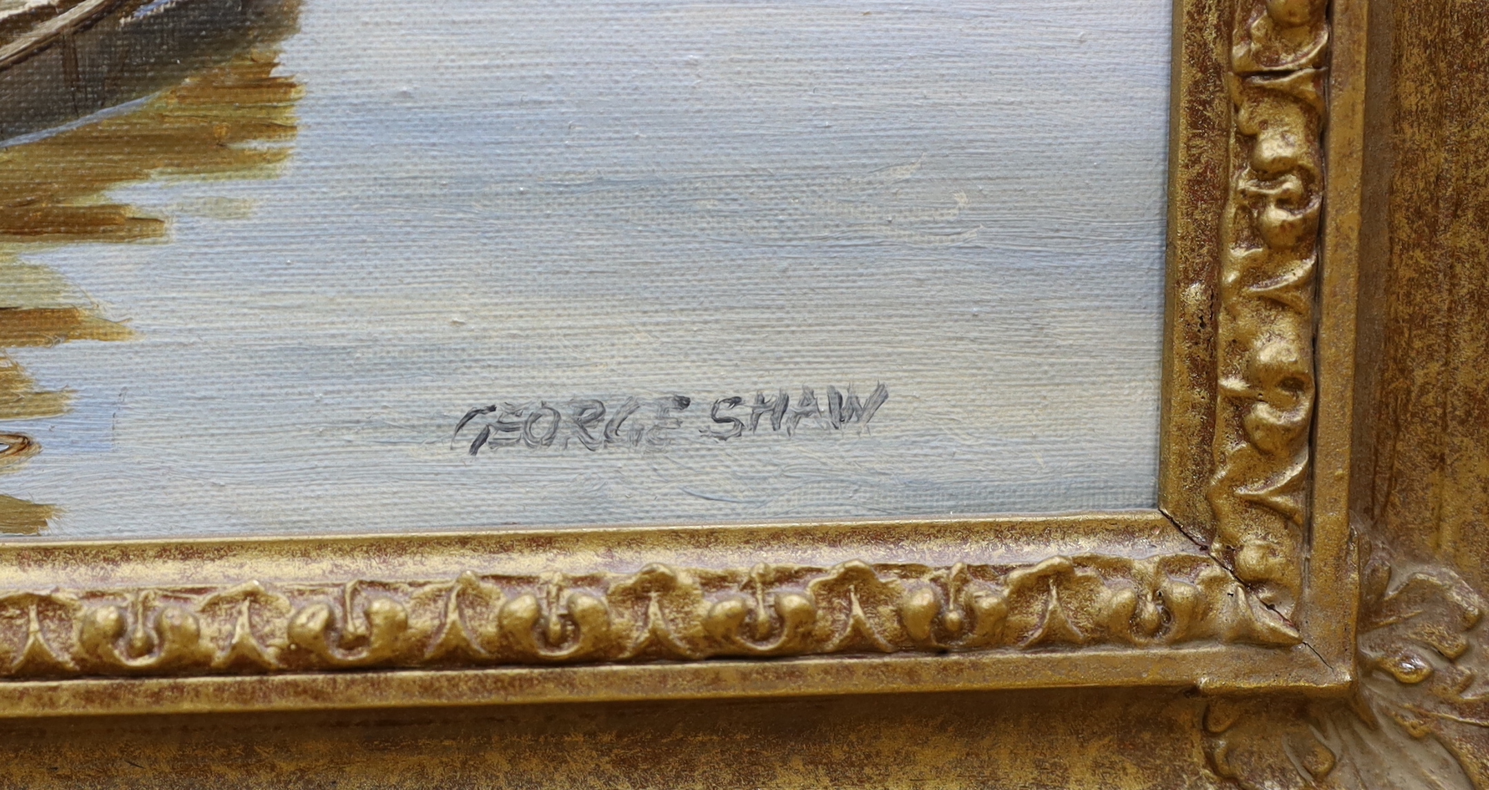 George Shaw (1929-1989), oil on canvas, Boats at sea, signed, Winsor & Newton stamp verso, 39 x 29cm